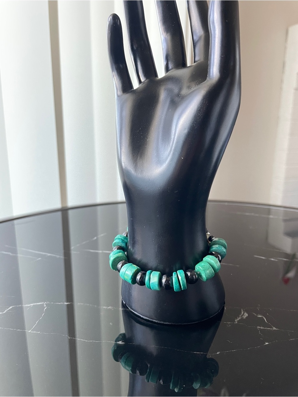 Turquoise Bead Stretch Bracelet - Green and Black- Handmade